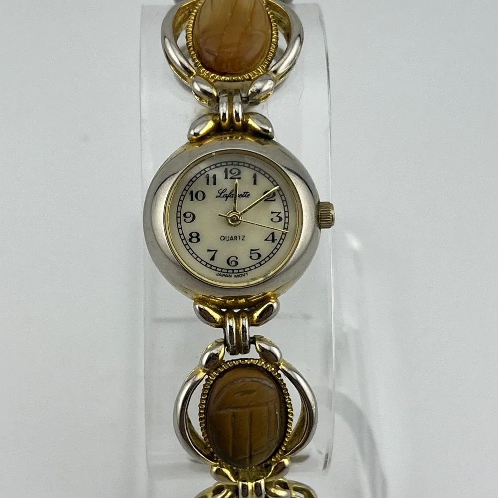 Vtg Lafayette Scarab Watch Women 21mm Gold Tone MOP Dial 7